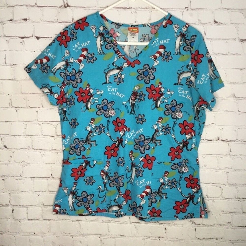 Dr. Seuss Blue/Red Cat In Hat V-Neck Scrub Top Women M China 100% Cotton